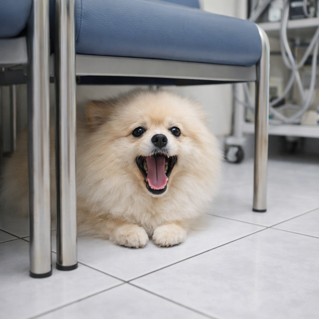 동물병원에서 하품하는 포메라리안