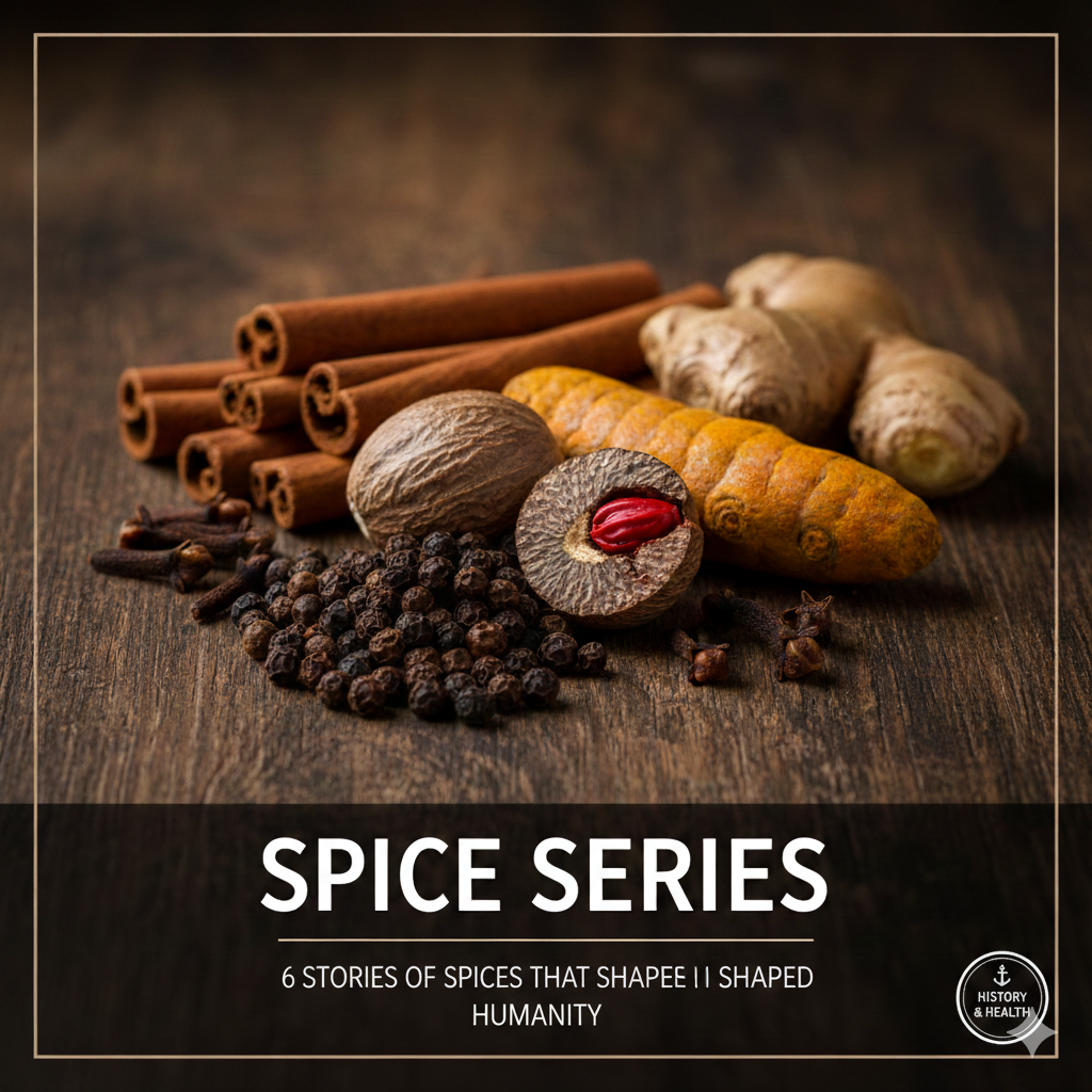 Representative image of the Spice Series featuring various whole spices like cinnamon sticks, black peppercorns, ginger, turmeric, and nutmeg on a rustic wooden surface.