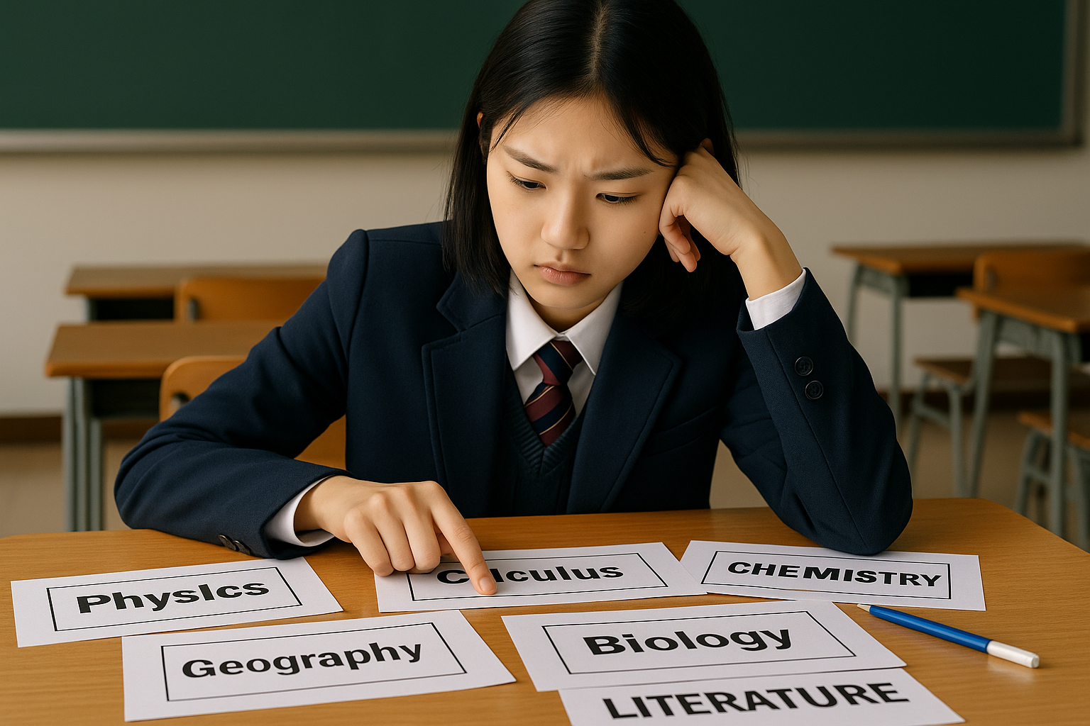 선택 과목 리스트를 보며 진로를 고민하는 고등학생의 모습
