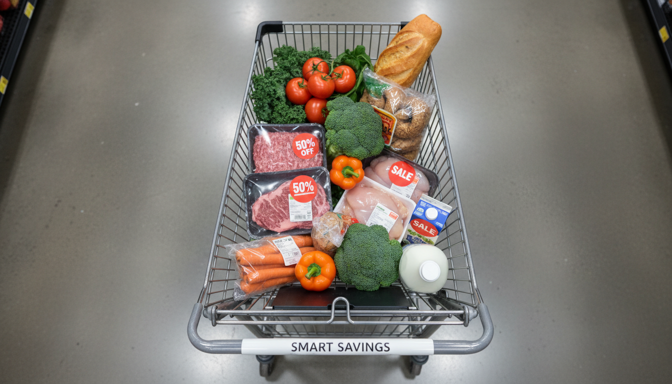 50% 할인 스티커가 붙은 식재료가 가득 담긴 대형 마트 장바구니