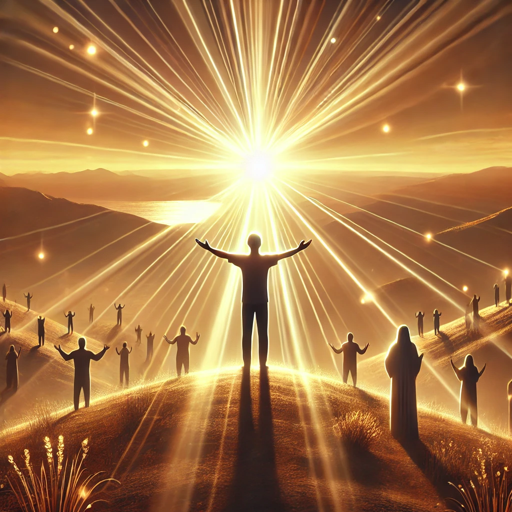 하나님의 빛을 받아들이고 빛을 발하며, 주위의 사람들과 하나님의 일을 함께 이루는 한 해를 상징하는 모습입니다. 밝은 태양빛과 함께 일어나 빛을 발하는 장면이 강조되었습니다.