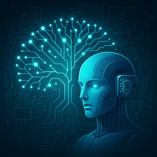 AGI 아키텍처를 상징하는 미래형 인공지능 두뇌와 신경회로 구조를 표현한 사이버펑크 스타일 일러스트