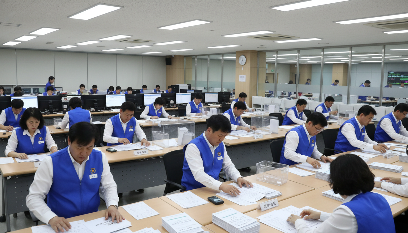 2026년 지방선거 개표소에서 투표 용지를 분류하고 계수하는 한국인 개표 사무원들
