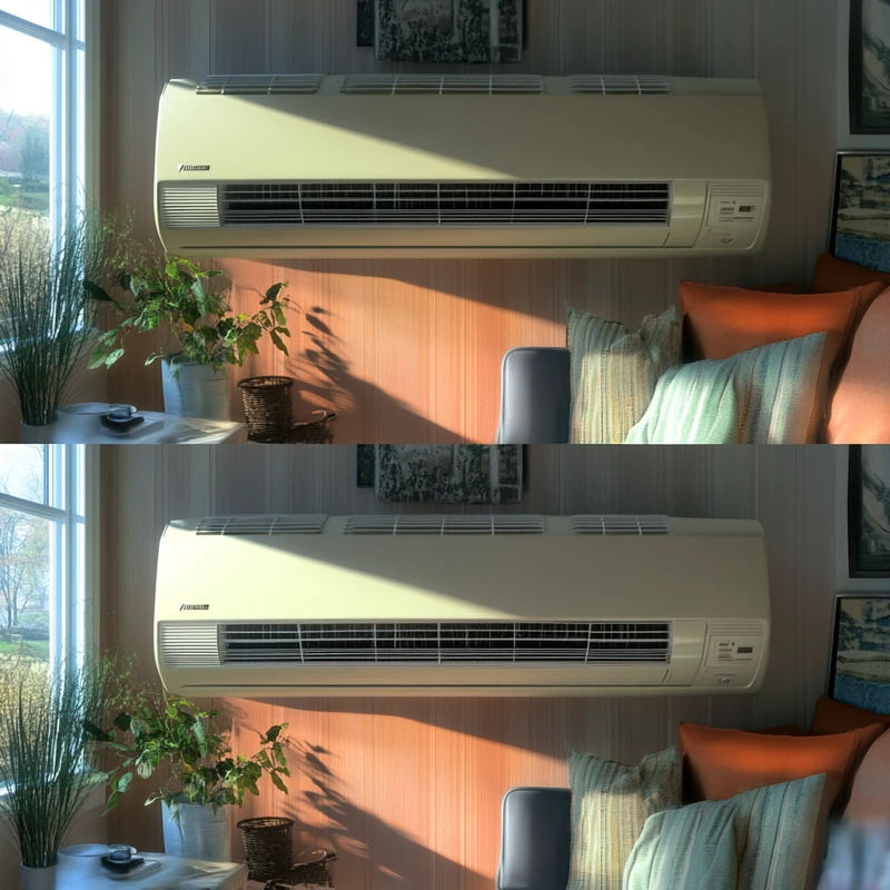 인버터와 고정형 에어컨의 작동 방식을 비교한 이미지로 에너지 효율성과 실질적인 차이를 명확히 보여줍니다. 효율적인 에어컨 사용법을 강조합니다.