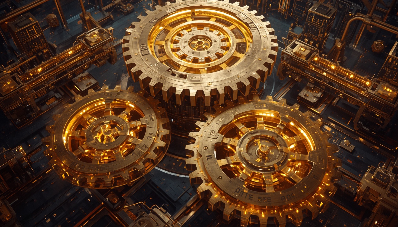 Three interconnected golden gears representing AI infrastructure sectors.