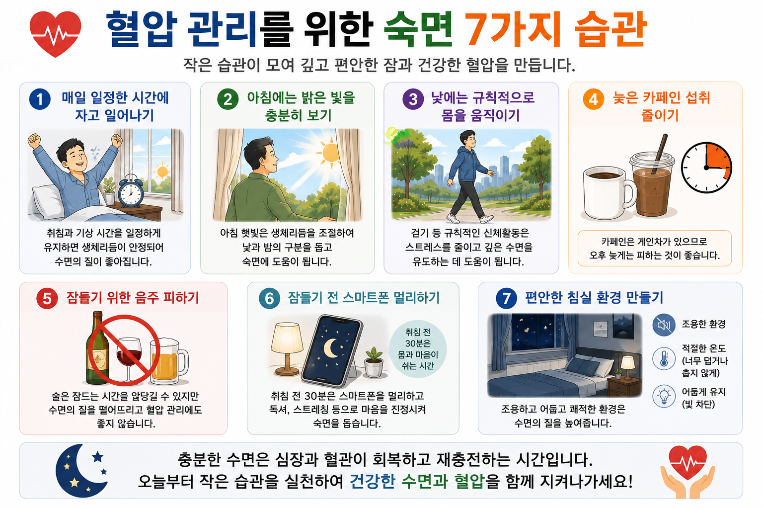 충분한 수면 기회를 확보하기 위한 생활 습관 예시
