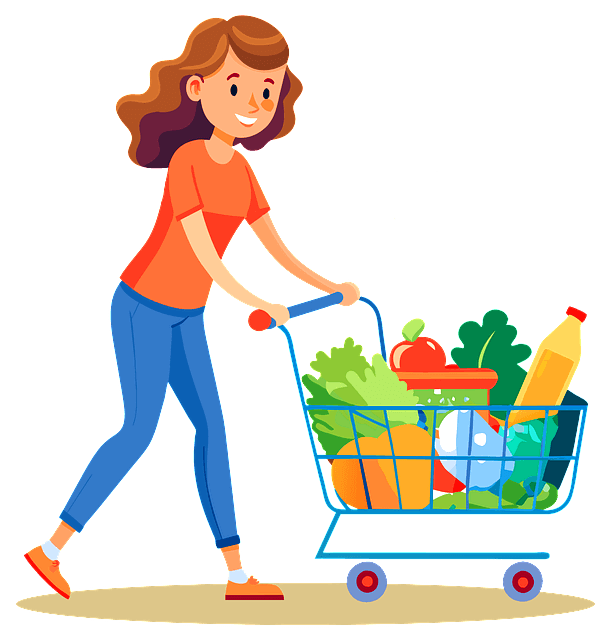 긴 갈색 파마머리 여자가 카트에 식료품을 가득 넣고 장을 본다.