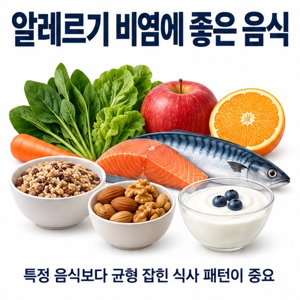 채소 과일 고등어 연어 통곡물 요거트를 배경으로 알레르기 비염에 좋은 음식이라는 글자가 중앙에 놓인 건강식단 인포그래픽