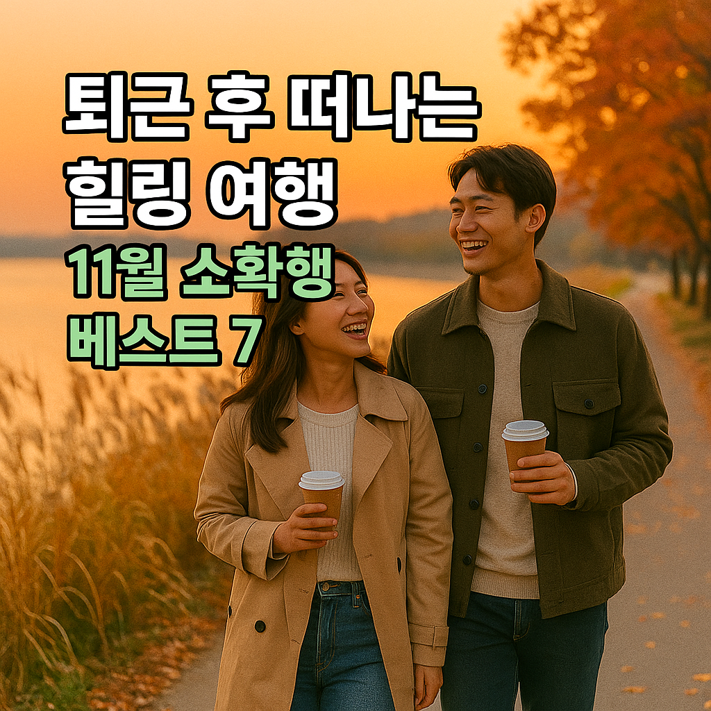 노을 진 강가를 배경으로 커피를 들고 행복하게 산책하는 커플