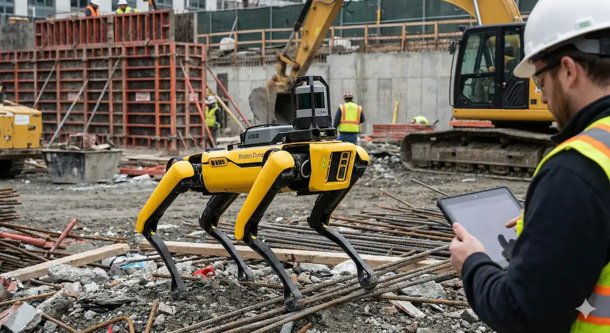 보스턴 다이내믹스의 로봇 스팟이 산업 현장에서 일하는 모습