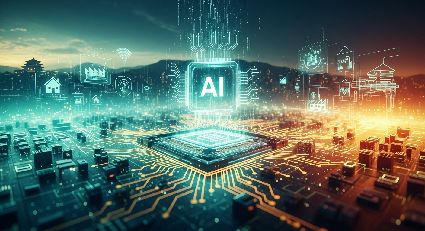 2025년 한국 AI 기술의 발전을 상징하는 추상적인 디지털 아트. 초록색과 주황색 계열의 빛나는 회로와 데이터 네트워크가 GPU의 강력한 연산 능력을 표현하며, 배경에는 스마트 도시와 IoT 기기들이 보입니다.