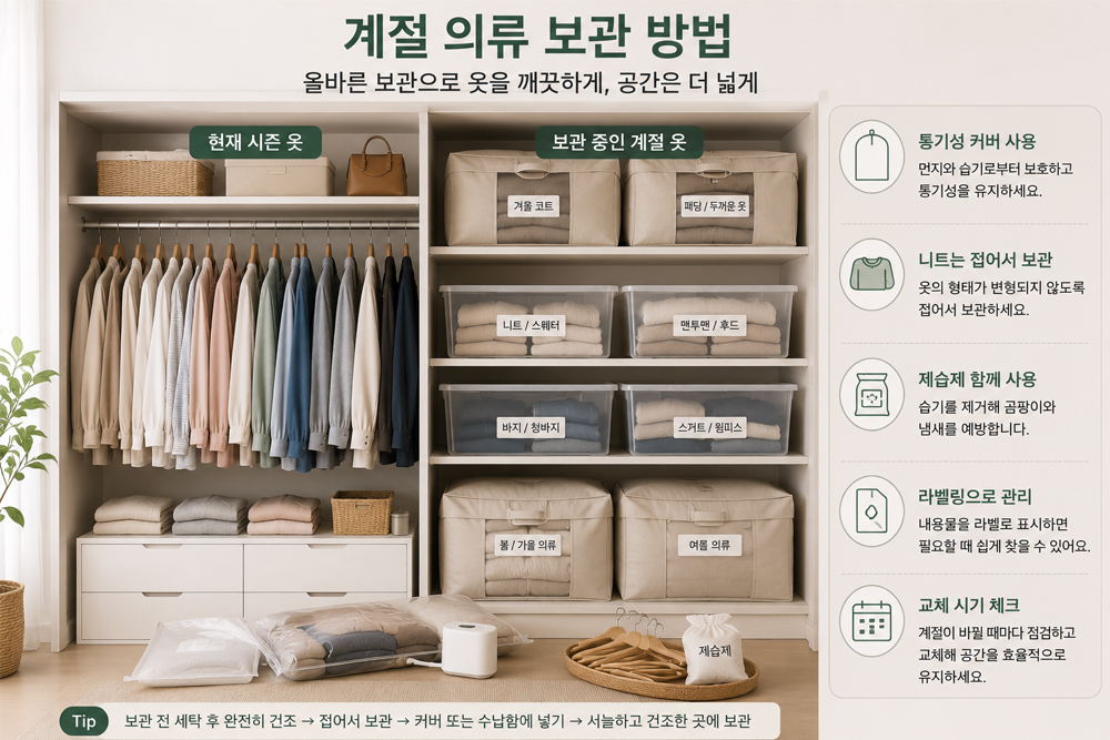 현재 계절 옷과 보관 중인 계절 의류를 구분해 통기성 커버와 수납함, 제습제를 활용하여 옷장 공간을 효율적으로 관리하는 계절 의류 보관 방법 이미지