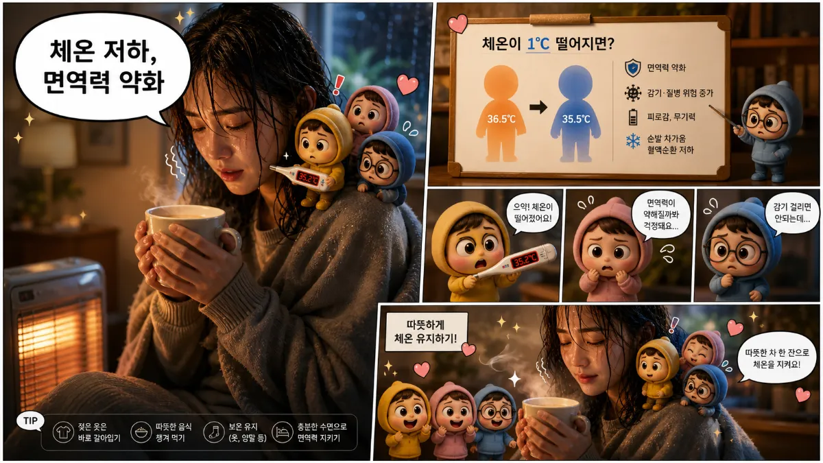 비에 젖은 후 체온이 떨어지고 면역력이 약화된 사람을 돌보는 미니미 캐릭터