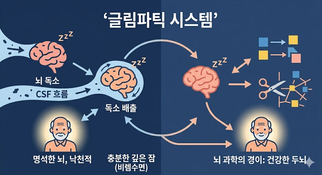 수면 중 뇌의 노폐물을 청소하는 글림파틱 시스템을 시각화한 그림입니다. 왼쪽은 뇌척수액(CSF)이 흐르며 독소를 배출하는 세척 과정을, 오른쪽은 불필요한 정보를 정리하고 기억을 저장하는 모습을 단순한 아이콘과 핵심 문구로 가독성 있게 설명합니다.