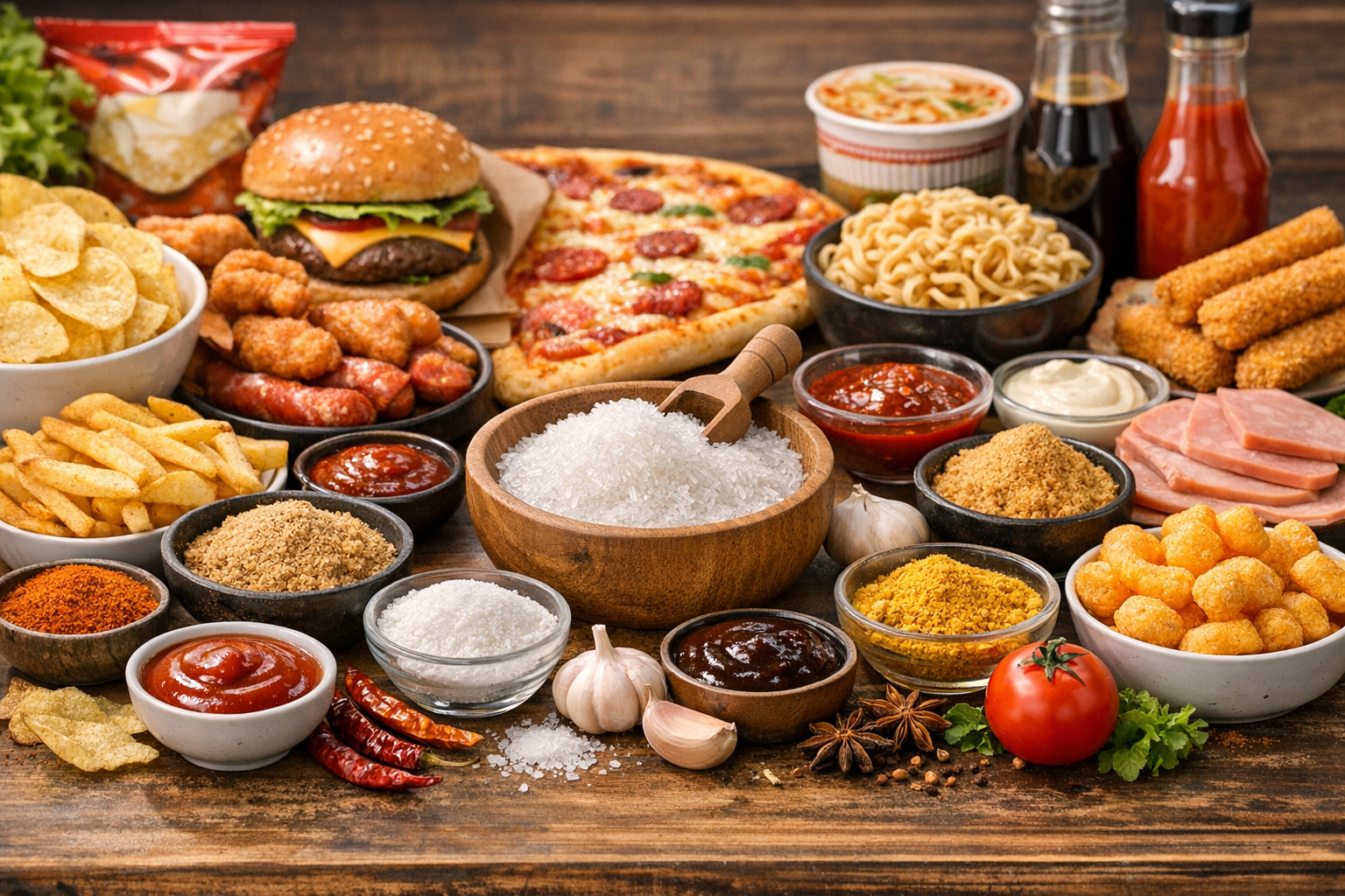 다양한 조미료와 가공식품 이미지