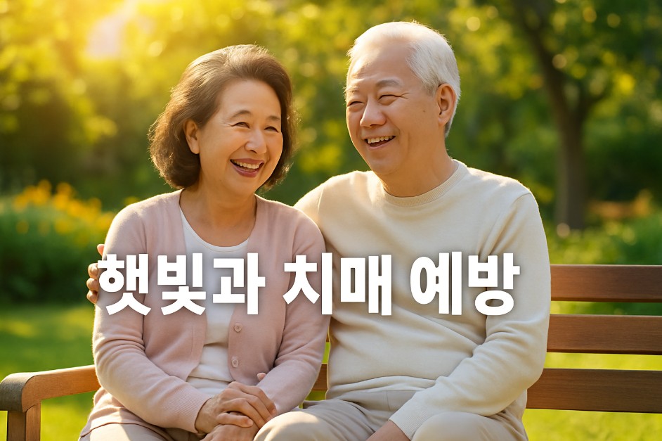 햇빛이 가득한 화창한 날, 정원의 벤치에 앉은 노부부가 서로를 바라보며 따뜻한 미소를 짓고 있다. 배경에는 생기 있는 녹음과 자연광이 가득해 건강하고 평화로운 중장년의 일상을 보여준다. 이미지 중앙에는 "햇빛과 치매 예방"이라는 선명한 문구가 삽입되어 있으며, 뇌 건강과 자연광의 연관성을 강조한다.