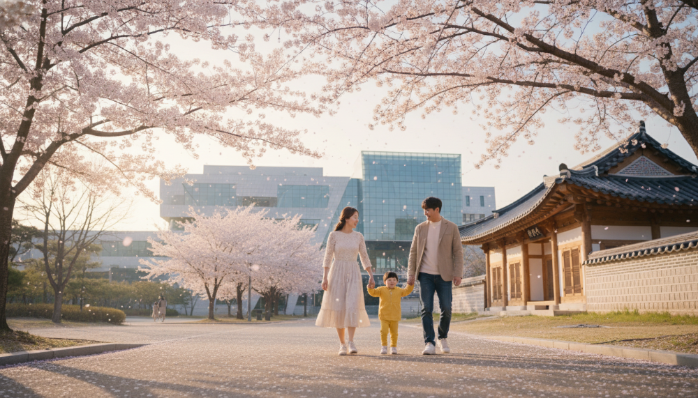벚꽃이 핀 공원을 걷는 가족과 배경으로 보이는 현대적인 박물관과 전통 한옥의 모습