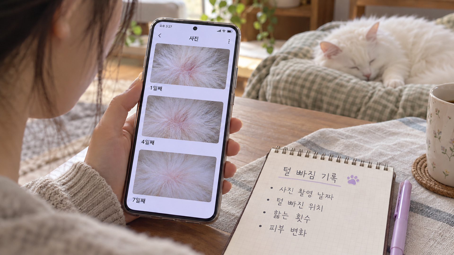 날짜별로 찍은 털 빠진 자리 사진이 뜬 휴대폰과 메모지