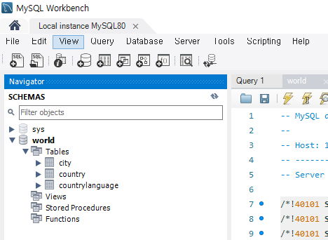 샘플 데이터베이스 생성 확인