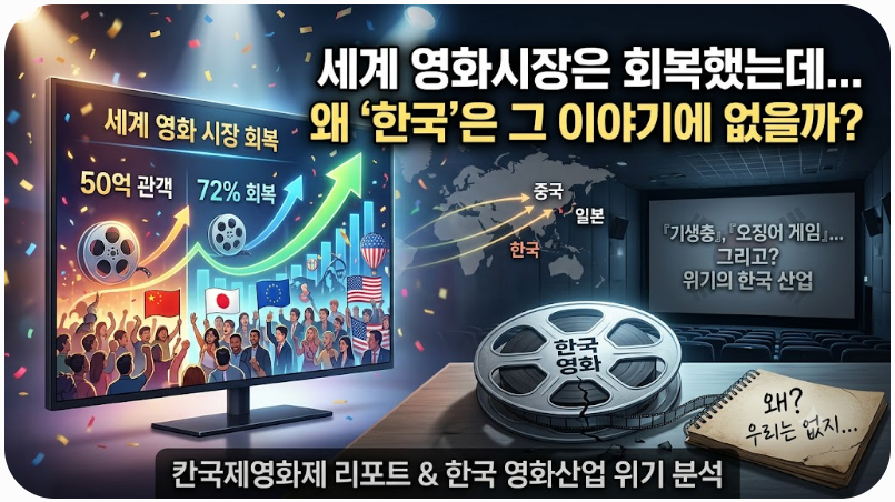 세계 영화시장 회복을 축하하는 화려한 시상식 분위기 속에서 홀로 어두운 극장에 앉아 있는 한국 영화인의 모습을 통해, 글로벌 흥행 열풍 속에서 한국 영화가 느끼는 상대적 박탈감과 위기감을 상징적으로 표현한 이미지