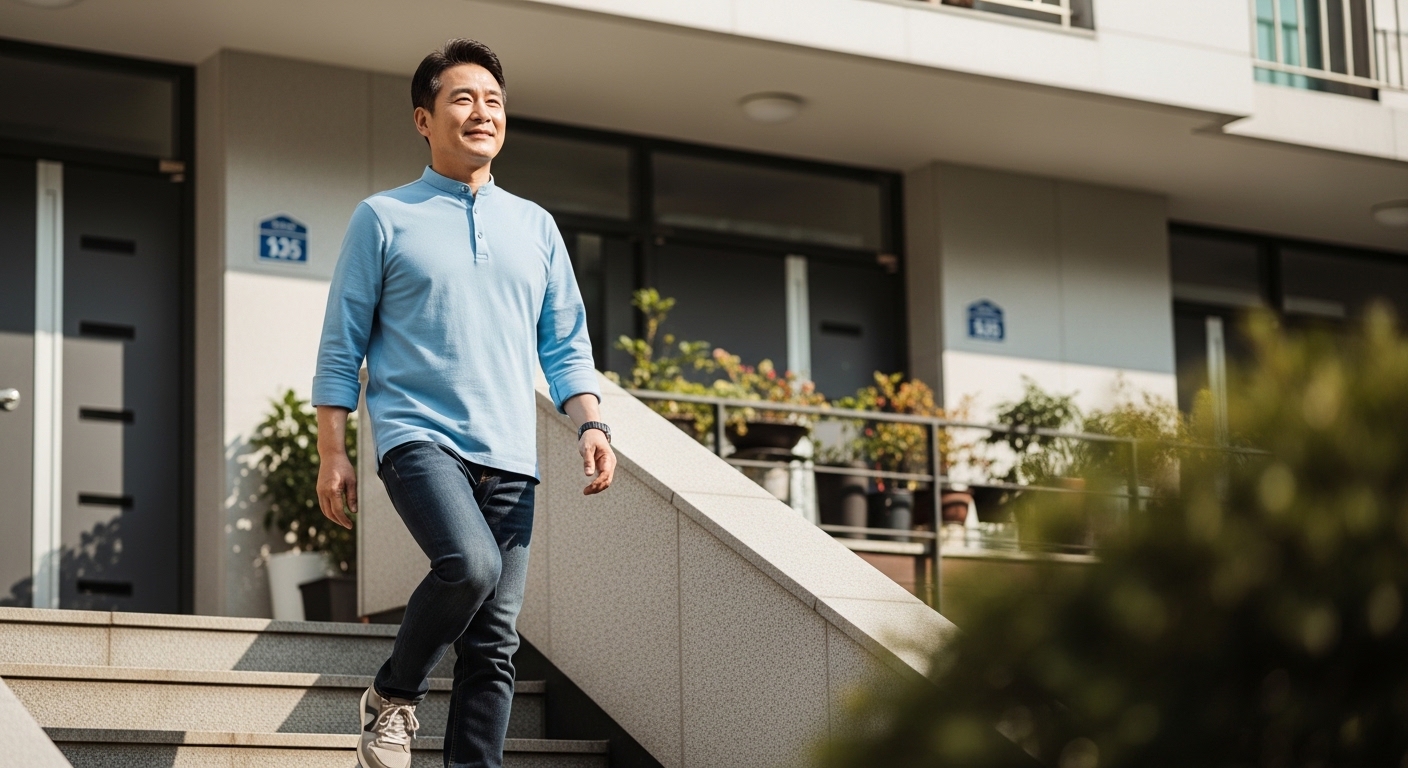 중년-남성이-아파트-계단을-통증-없이-내려가는-장면