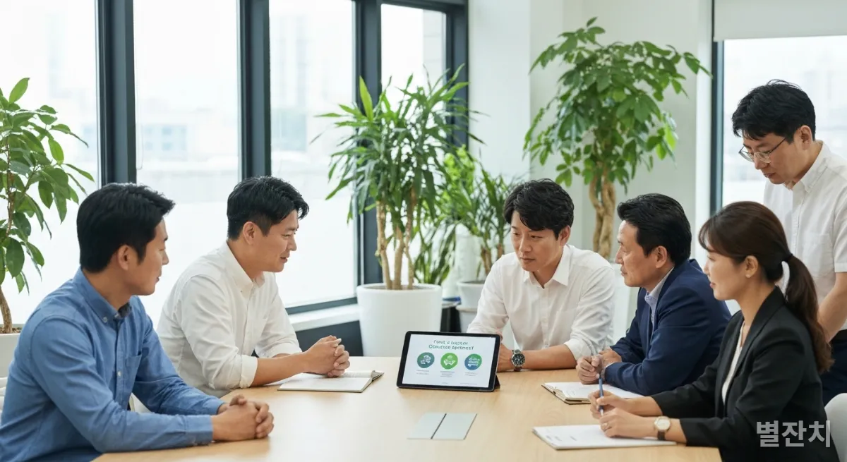 친환경 사무실에서 지속가능성 전략을 논의하는 한국인 직장인들