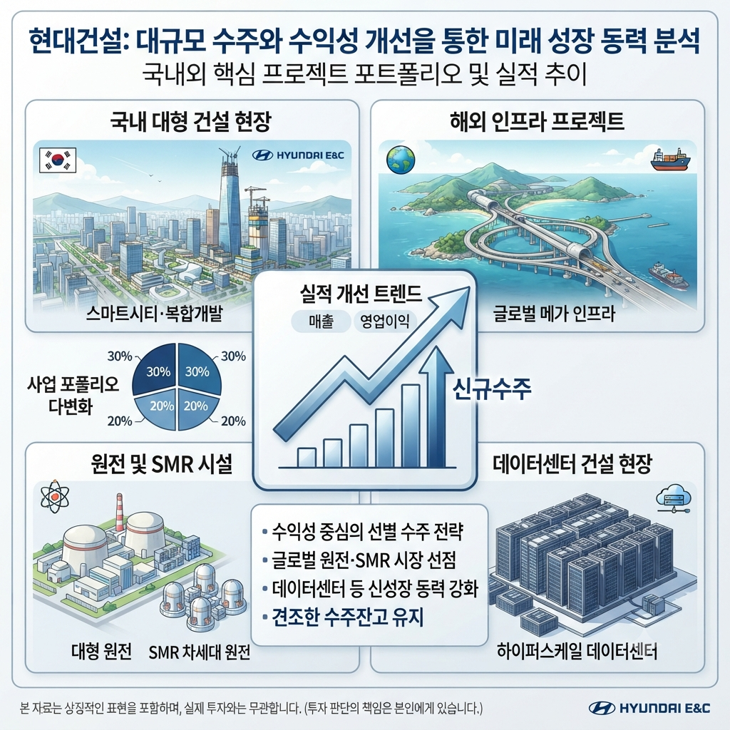 현대건설의 2026년 2분기 실적과 신규수주, 원전&middot;SMR&middot;데이터센터 사업을 보여주는 건설주 분석 이미지