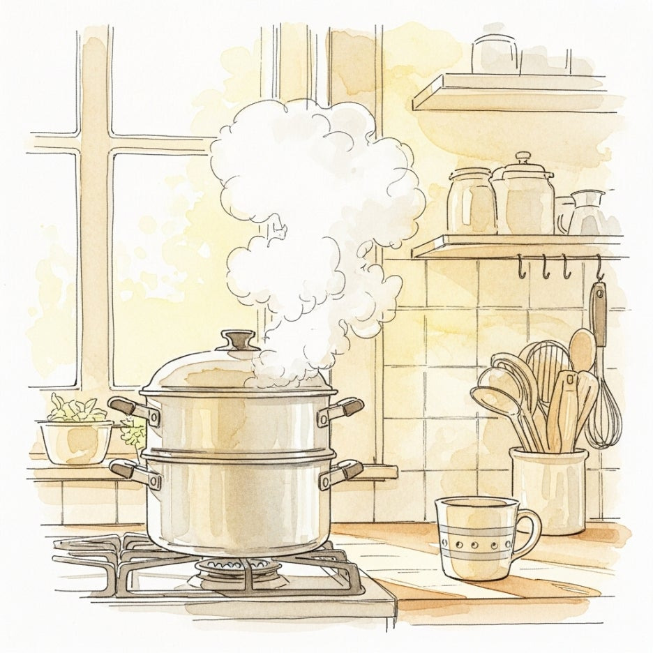 모락모락 김이 피어오르는 전통 찜기의 정겨운 모습