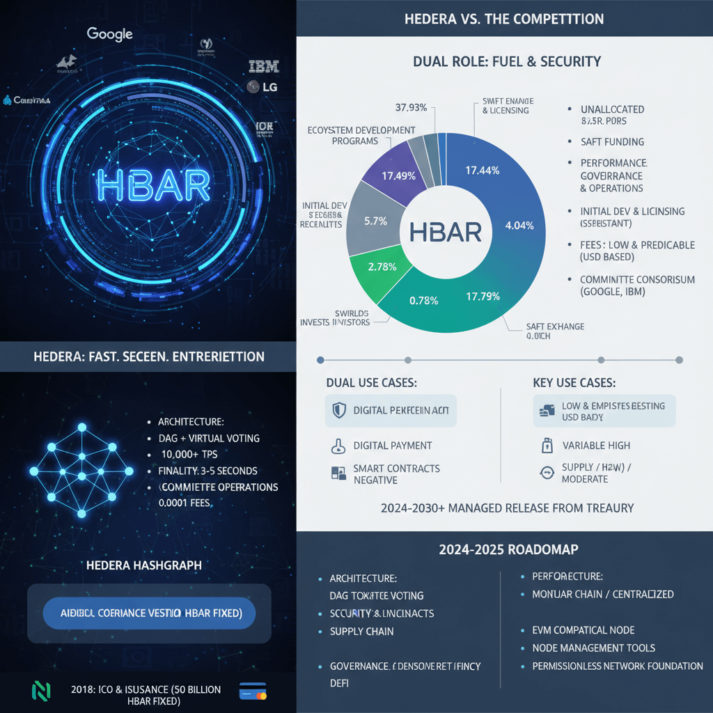 헤데라(HBAR) 프로젝트의 특징, 토큰 경제 및 로드맵 인포그래픽