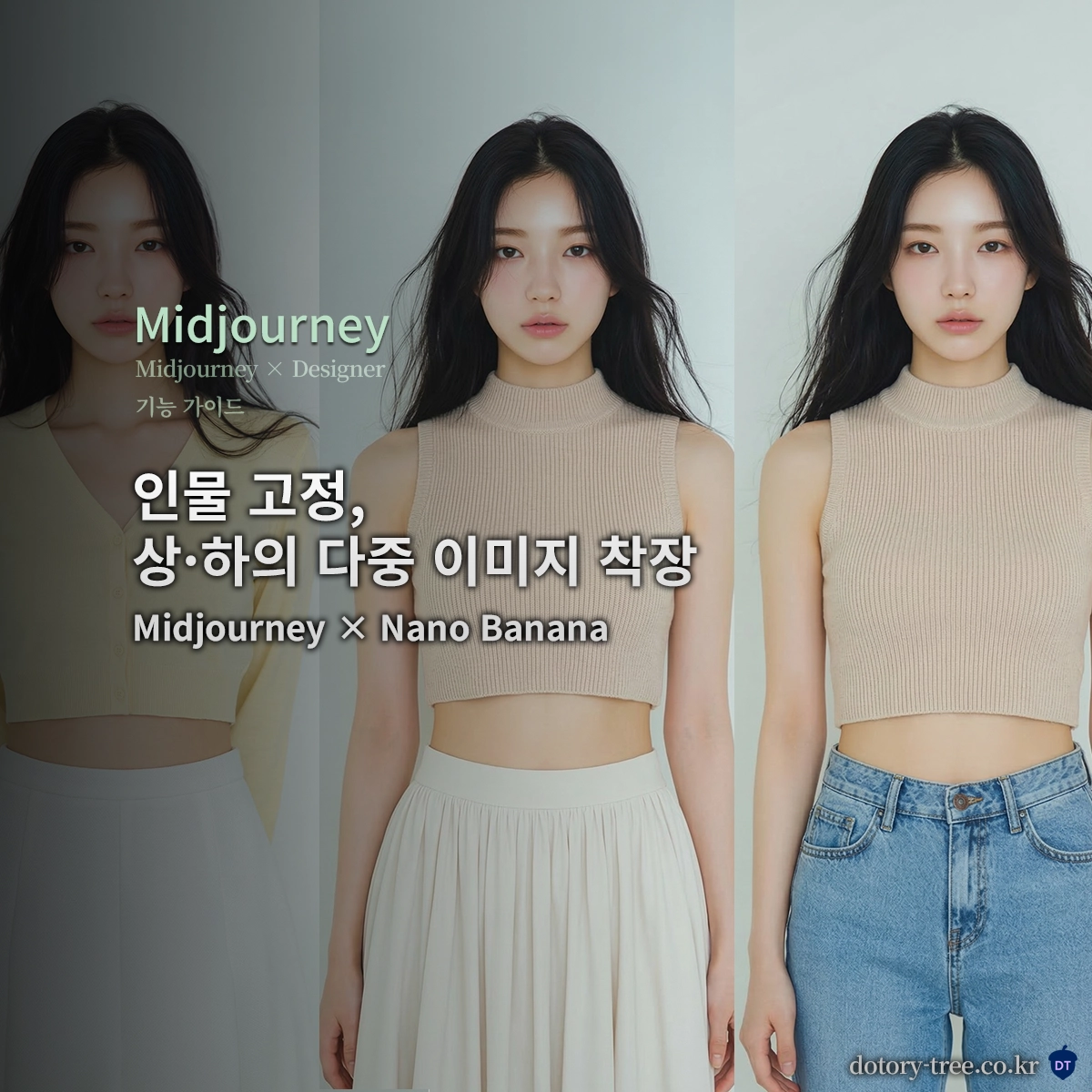 인물을 고정한 상태에서 상의와 하의를 각각 교체하는 다중 이미지 기반 룩북 착장 구조 썸네일_ Midjourney &amp; Nano Banana