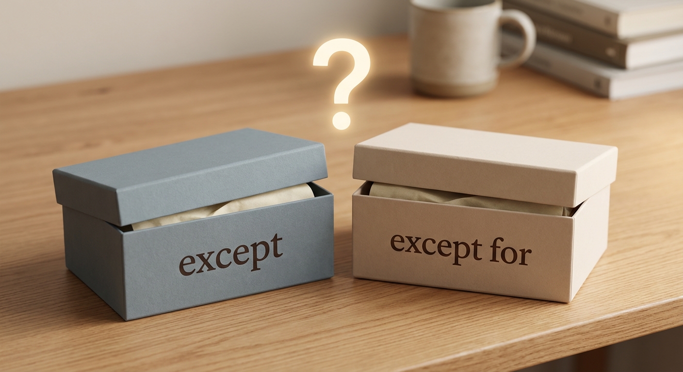 책상 위 두 개의 다른 색깔의 상자가 나란히 놓여 있고, 한 상자에는 'except'라고, 다른 상자에는 'except for'라고 쓰여 있어 차이점을 시각적으로 보여줍니다. 중앙에는 물음표가 떠 있습니다.