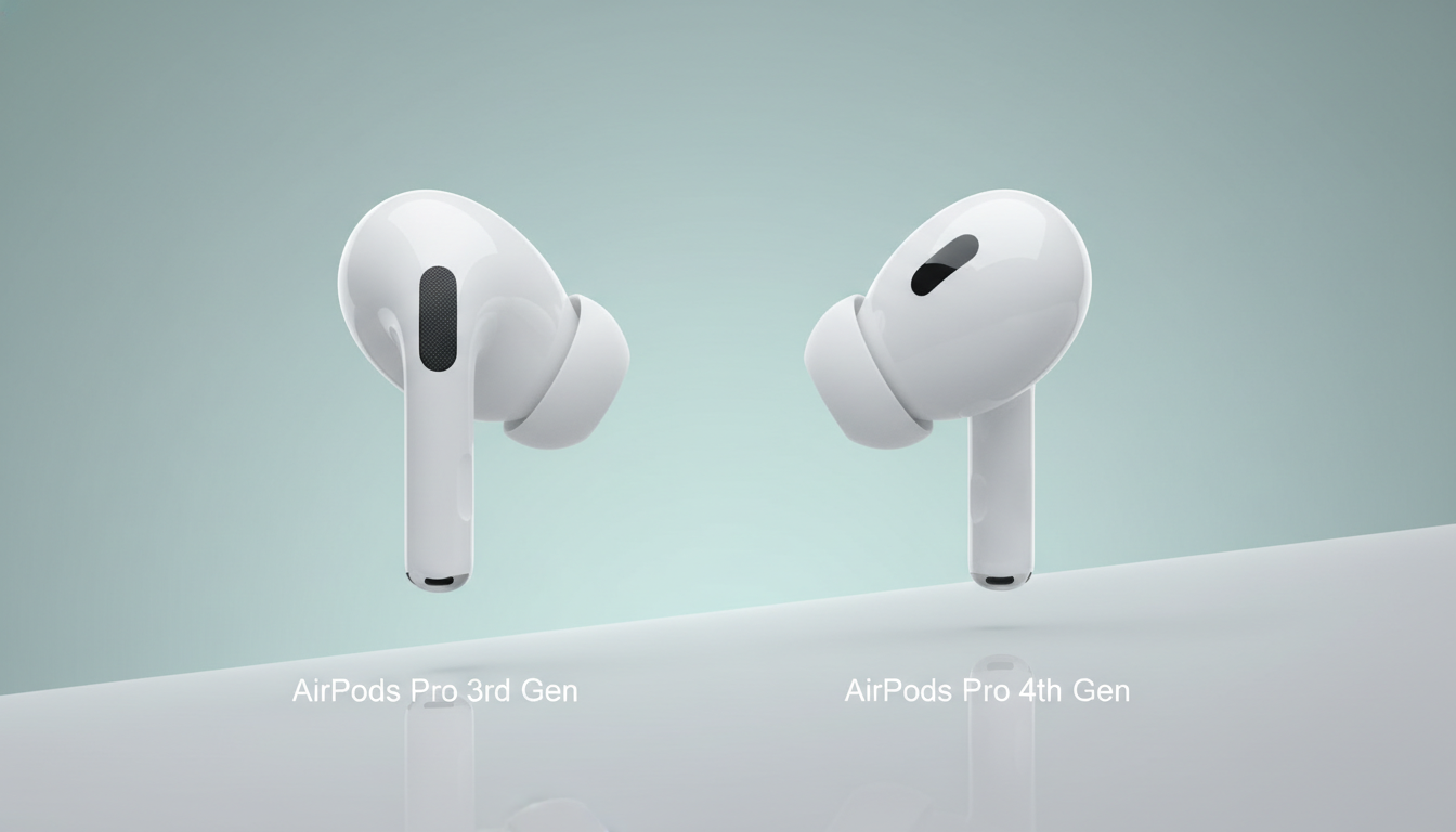 에어팟 프로 3세대와 4세대(예상)의 폼팩터 비교 이미지. 4세대가 더 작고 인체공학적인 디자인으로 개선될 것을 보여줍니다.