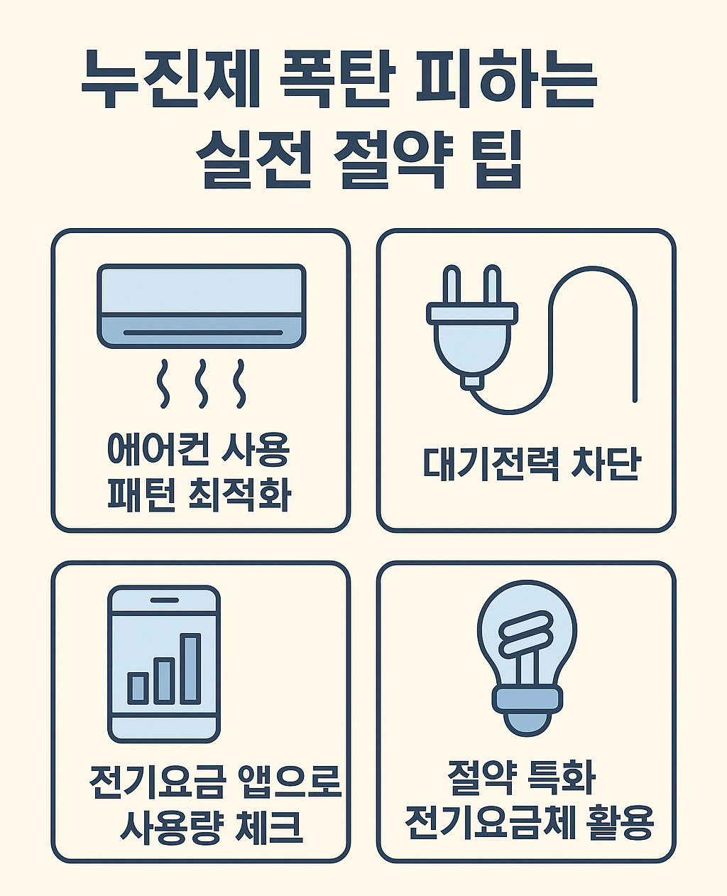 전기요금 누진제를 피하기 위한 4가지 실전 절약 팁을 아이콘과 함께 정리한 인포그래픽 (에어컨 사용, 대기전력 차단, 앱 활용, 요금제 변경)