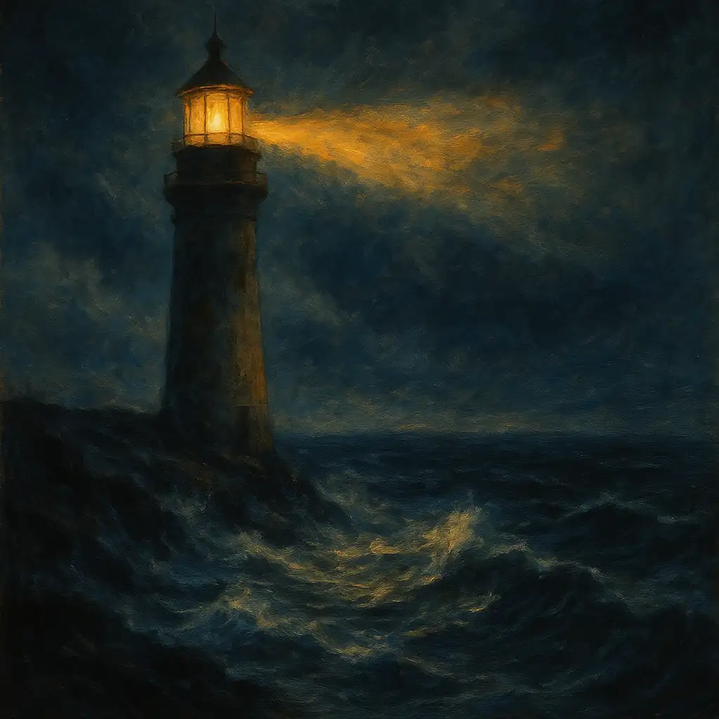 등대가 어두운 바다를 비추는 이미지, 로고테라피를 통한 삶의 의미 탐색 상징