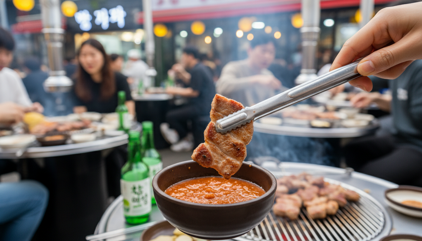 노릇하게 구워진 돼지 삽겹살을 쌈장에 찍으려는 모습.