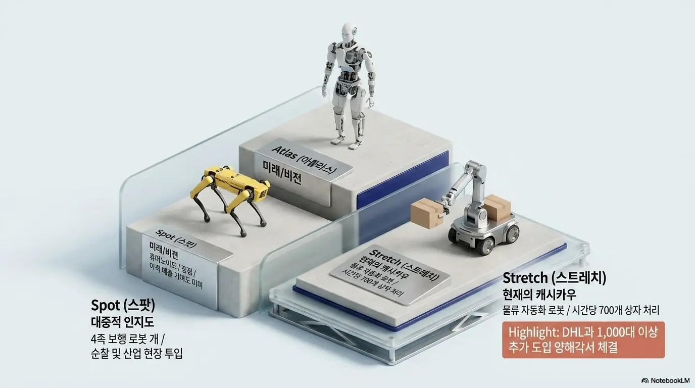 보스턴다이내믹스의 세 가지 제품을 보여주는 이미지. 대중적 인지도의 4족 보행 로봇 스팟, 시간당 700개 상자를 처리하며 DHL과 1,000대 추가 도입 양해각서를 맺은 물류로봇 스트레치, 미래 비전인 휴머노이드 아틀라스를 설명함