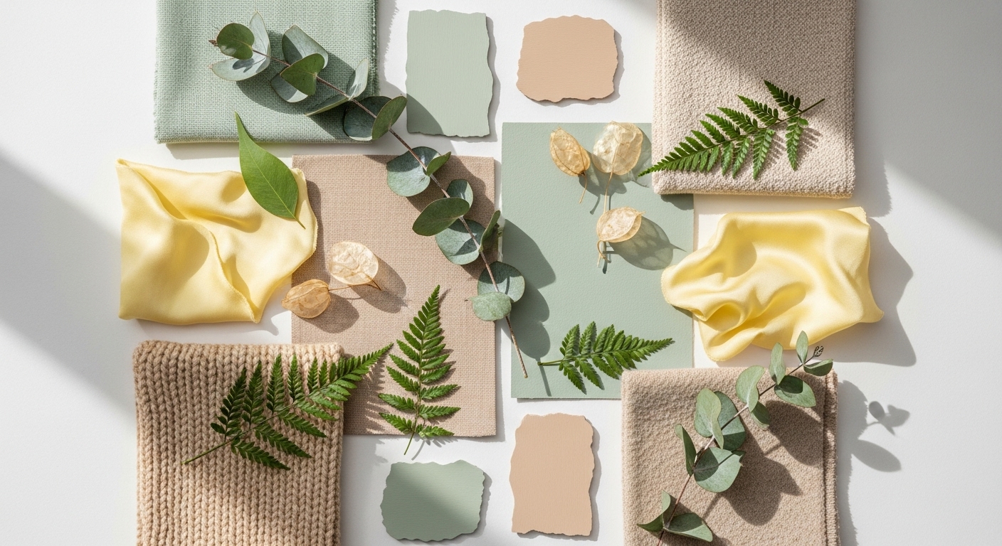 2026년 봄 트렌드 컬러인 세이지 그린과 파스텔 옐로우 무드보드 이미지