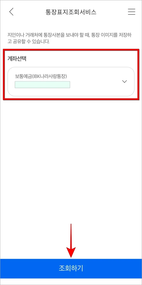 계좌를 선택한 후 '조회하기'를 선택