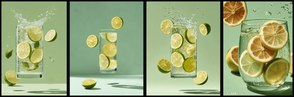 SNS 티저 디자인, 식물성 탄산 음료의 투명 잔과 시트러스 슬라이스가 떠 있는 티저 이미지_Midjourney