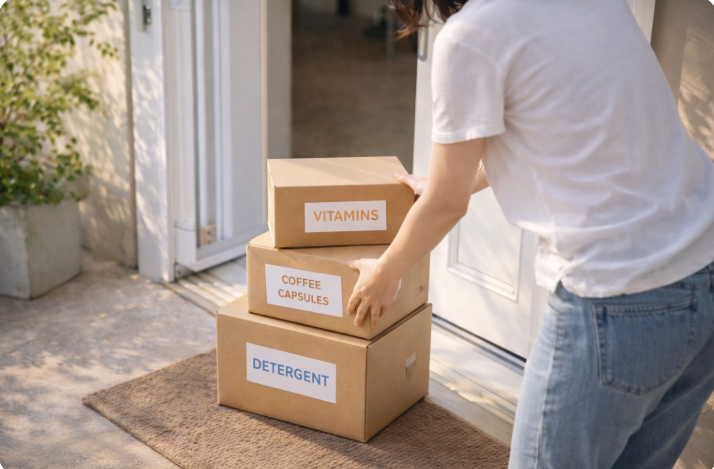 밝은 아침, 현관 앞에 깔끔하게 놓인 택배 상자 2~3개.