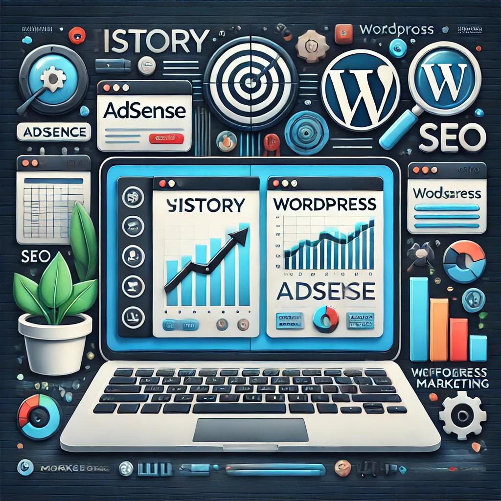 노트북 화면에 티스토리와 워드프레스가 비교 되어 있는 그래프가 있다.