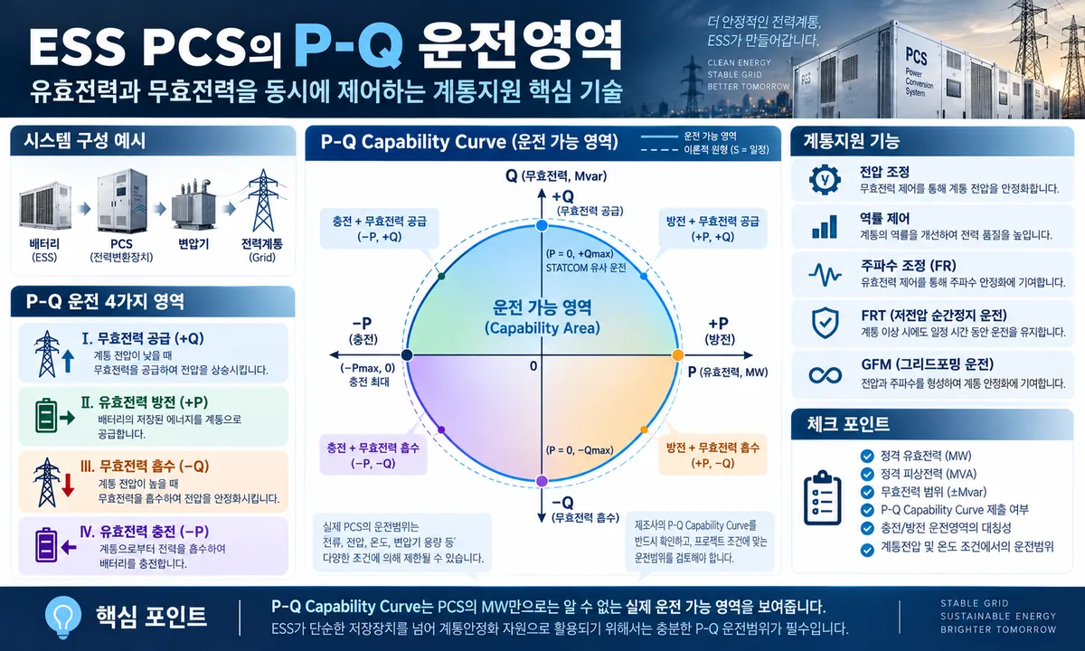 ESS PCS의 충전 방전 무효전력 공급 흡수 P-Q 운전영역 인포그래픽