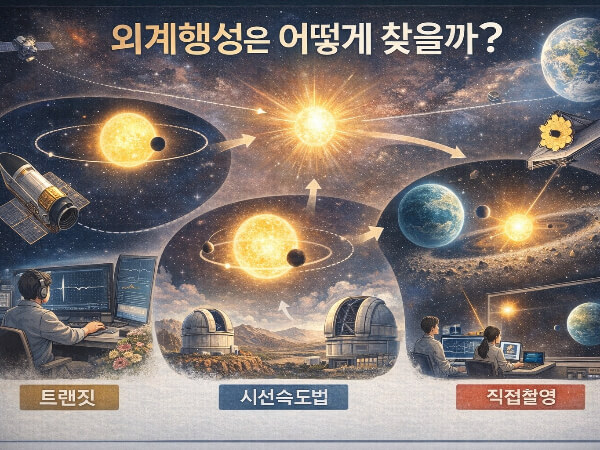 외계행성을 찾는 세 가지 주요 탐지 방법인 트랜짓, 시선속도법, 직접촬영 방식을 시각적으로 설명한 우주 일러스트