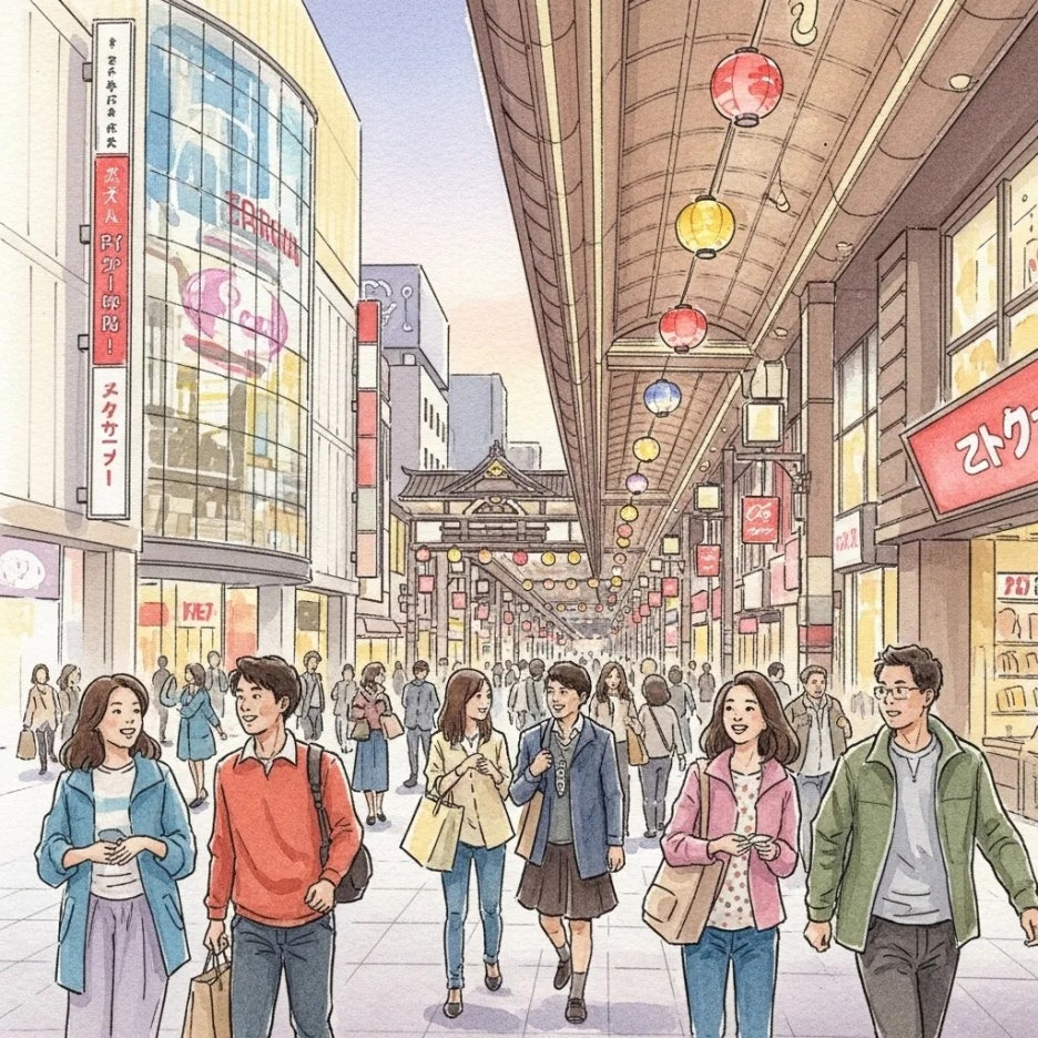 오사카의 다양한 쇼핑 거리와 쇼핑몰 풍경