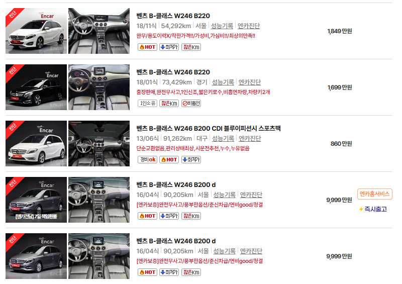 벤츠 A클래스 중고차 가격 시세표 24년10월
