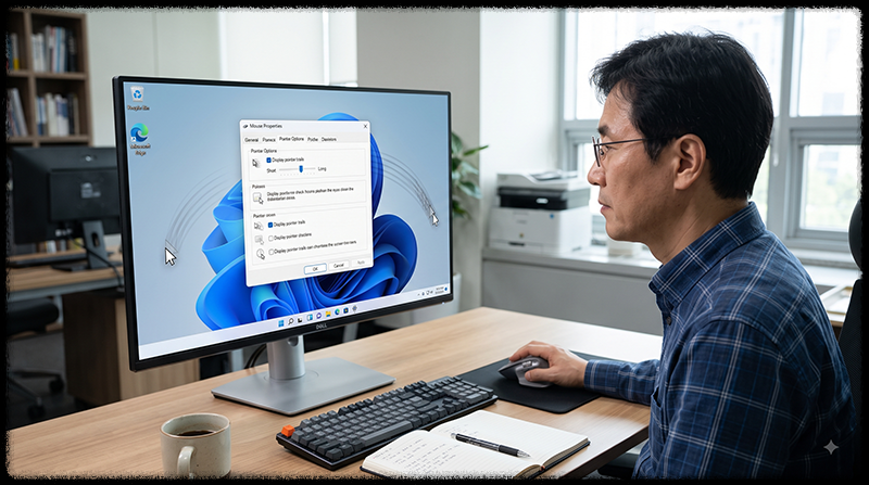 Windows 11의 마우스 속성에서 포인터 자국 표시 기능을 켜는 모습