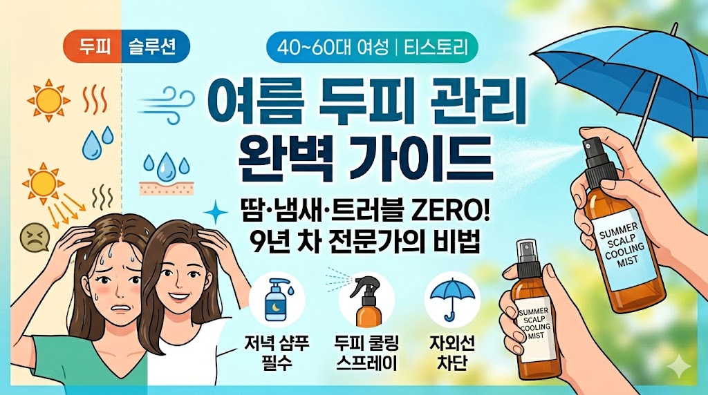 여름 두피 관리 완벽 가이드를 소개하는 40-60대 여성 대상 티스토리 블로그 썸네일. 땀과 냄새로 고민하는 일러스트와 두피 쿨링 스프레이, 자외선 차단 양산 아이콘이 포함되어 있다.