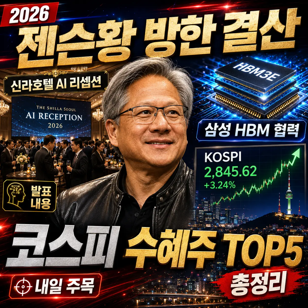 젠슨황 방한 결산 — 신라호텔 AI 리셉션 발표 내용·내일 코스피 수혜주 TOP5·삼성 HBM 협력 총정리 2026