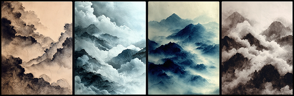 한국 전통 수묵 기법으로 그린 구름과 안개, 은은한 농담의 흑백 추상화 _Midjourney