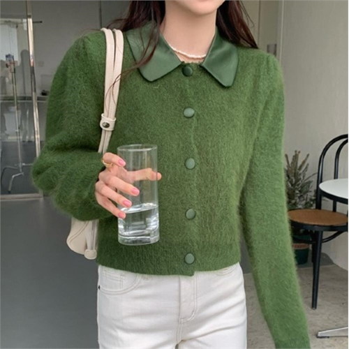 옷자락 여자 데일리 배색 카라 초록색 가디건